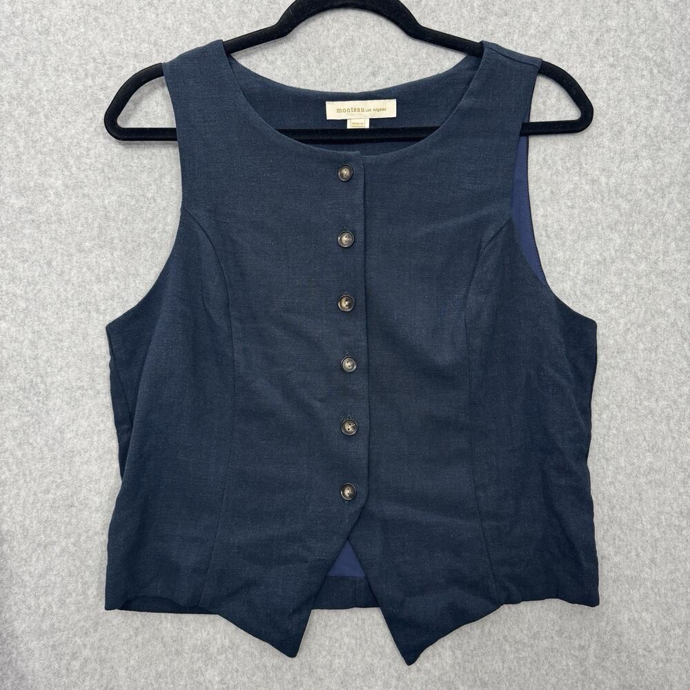 Monteau Women's Rayon/Linen Button Sleeveless Top Vest XL Navy Blue Minimalist